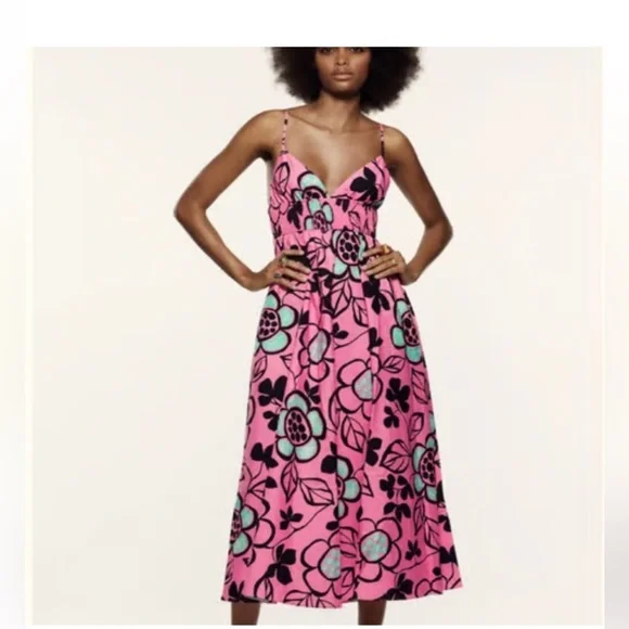 ZARA  Pink with Flowers Black & Blue Maxi dress - Picture 5 of 5